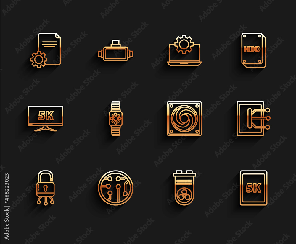 Set line Lock on digital circuit board, Processor, File document, Video graphic card, Tablet with text 5k, Smartwatch, and Computer cooler icon. Vector Set line Lock on digital circuit board, Processor, File document, Video graphic card, Tablet with text 5k, Smartwatch, and Computer cooler icon. Vector