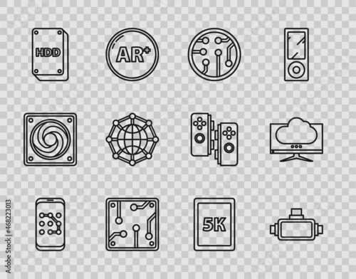 Set line Mobile and graphic password protection, Virtual reality glasses, Processor, Hard disk drive HDD, Global technology social network, Tablet with text 5k and Computer monitor screen icon. Vector