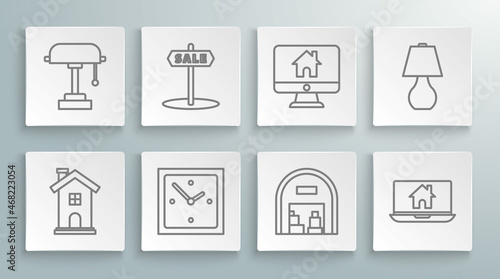 Set line Home symbol, Hanging sign with text Sale, Clock, Warehouse, Laptop and smart home, Computer monitor, Table lamp and icon. Vector