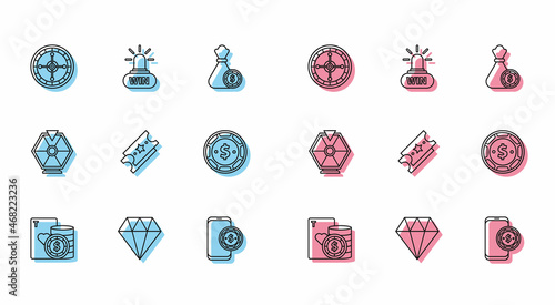 Set line Casino chip and playing cards, Diamond, roulette wheel, Online poker table game, Lottery ticket, with dollar, Lucky and win icon. Vector