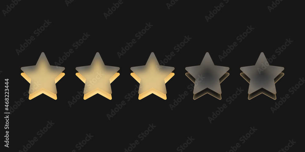 Trzy żółte gwiazdki. Szklane gwiazdki wskazujące ocenę, recenzja produktu. Osiągnięcia w grze. Koncepcja oceny od klienta na temat pracownika albo strony internetowej. Do aplikacji mobilnych. - obrazy, fototapety, plakaty 