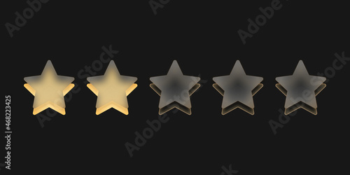 Dwie żółte gwiazdki. Szklane gwiazdki wskazujące ocenę, recenzja produktu. Osiągnięcia w grze. Koncepcja oceny od klienta na temat pracownika albo strony internetowej. Do aplikacji mobilnych.