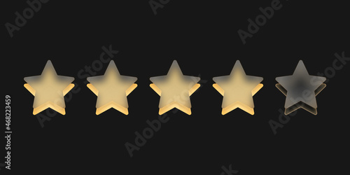 Cztery żółte gwiazdki. Szklane gwiazdki wskazujące ocenę, recenzja produktu. Osiągnięcia w grze. Koncepcja oceny od klienta na temat pracownika albo strony internetowej. Do aplikacji mobilnych.