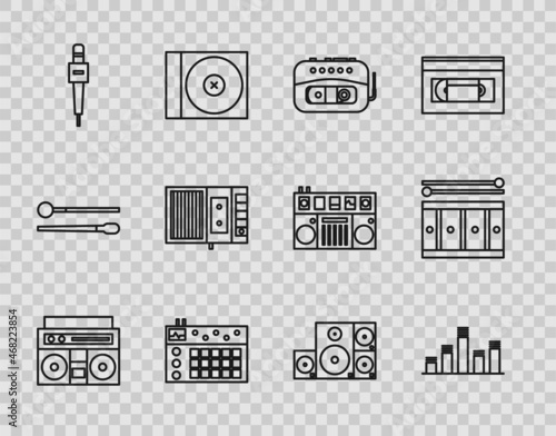 Set line Home stereo with two speakers, Music equalizer, tape player, Drum machine, Microphone, Stereo and drum sticks icon. Vector