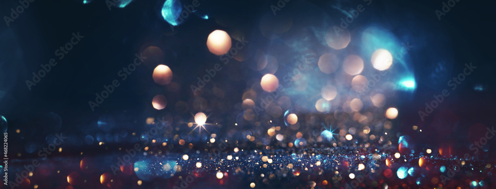 Christmas Glitter with Sparkle Of Lights And Stars. Blue and Brown Background - obrazy, fototapety, plakaty 
