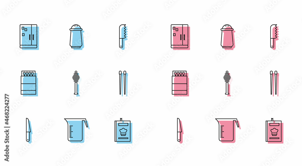 Set line Knife, Measuring cup, Refrigerator, Cookbook, Honey dipper stick, Food chopsticks, Open matchbox and matches and Salt pepper icon. Vector Set line Knife, Measuring cup, Refrigerator, Cookbook, Honey dipper stick, Food chopsticks, Open matchbox and matches and Salt pepper icon. Vector