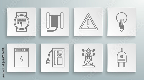 Set line Power bank, Wire electric cable on reel or drum, Battery, High voltage power pole line, Electric plug, Exclamation mark triangle, Light bulb with concept of idea and meter icon. Vector