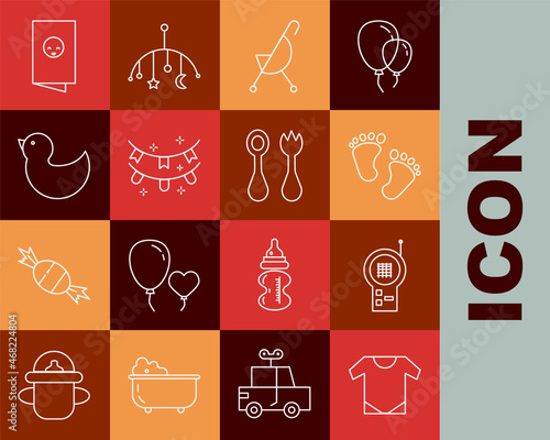 Set line Baby onesie, Monitor Walkie Talkie, footprints, stroller, Carnival garland with flags, Rubber duck, shower invitations card, poster and cutlery fork spoon icon. Vector