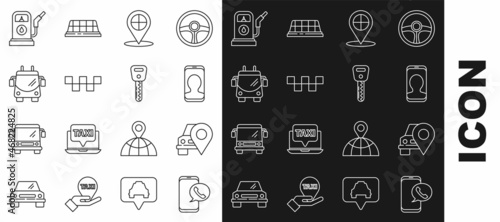 Set line Taxi call telephone service, Map pointer with taxi, car roof, Trolleybus, Petrol or Gas station and Car key icon. Vector