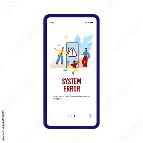 System error of mobile application onboarding page, flat vector illustration.