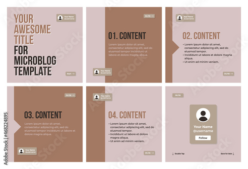 Microblog carousel slides template for instagram. Six pages with flat simple brown background theme.