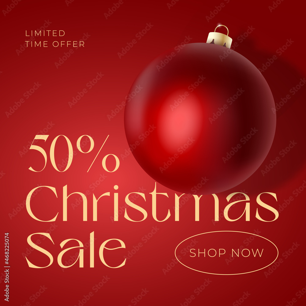 Christmas Vector Advertising Social Media Post Card or Poster. Season Promo Background with Realistic Red Bauble and Sale Text Copy Space. New Year Winter Holidays Discount Social Networks Template