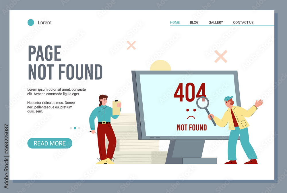 404 error website template. Page not found vector flat illustration, man holding magnifying glass and woman with notepad 404 error website template. Page not found vector flat illustration, man holding magnifying glass and woman with notepad
