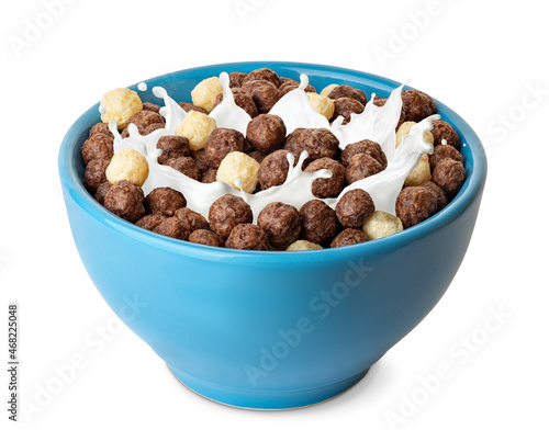 Fényképezés breakfast cereal with splashing milk isolated on white