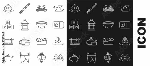 Set line Sushi on cutting board, Japan Gate, Khinkali and Bowl of hot soup icon. Vector