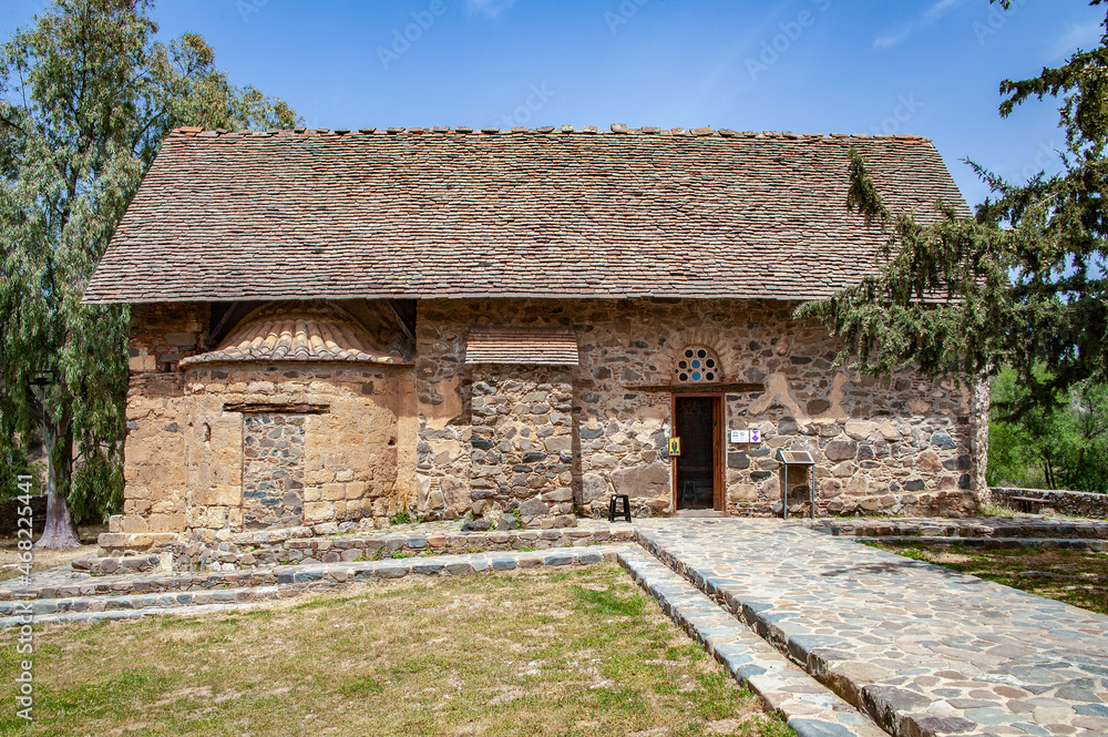 To protect the Church of Panagia Asinu from the Turks, as elsewhere in Troodos, an upper gable roof was used. The domes and arches of the church itself and the narthex are hidden under it. To protect the Church of Panagia Asinu from the Turks, as elsewhere in Troodos, an upper gable roof was used. The domes and arches of the church itself and the narthex are hidden under it.