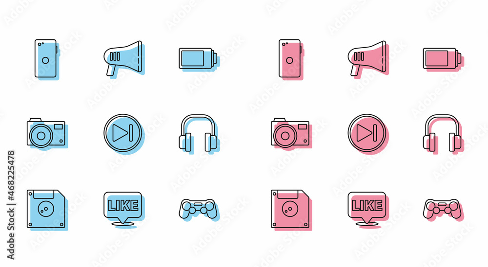 Set line Floppy disk for computer data storage, Like in speech bubble, Smartphone, mobile phone, Gamepad, Fast forward, Headphones, Photo camera and Megaphone icon. Vector