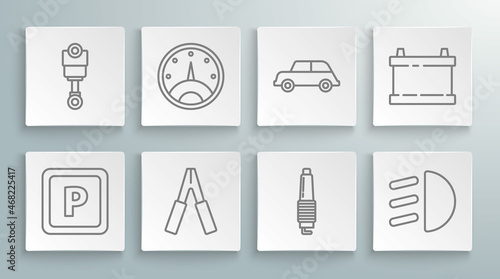 Set line Parking, Speedometer, Car battery jumper power cable, spark plug, High beam, and Engine piston icon. Vector