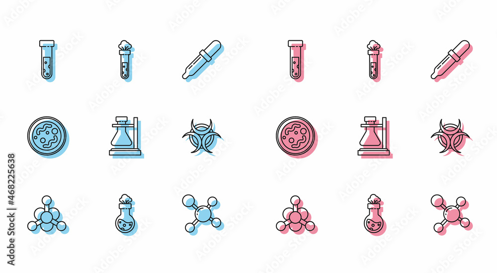 Set line Bacteria, Test tube and flask chemical, Molecule, on stand, Biohazard symbol, and icon. Vector Set line Bacteria, Test tube and flask chemical, Molecule, on stand, Biohazard symbol, and icon. Vector