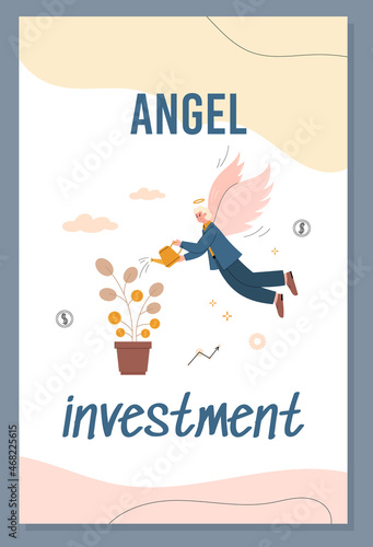 Angel investment concept of banner or card, cartoon flat vector illustration.
