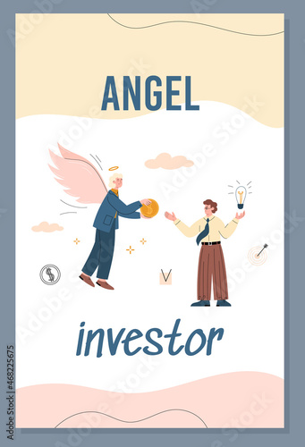 Angel investor banner for entrepreneurship funding, flat vector illustration.