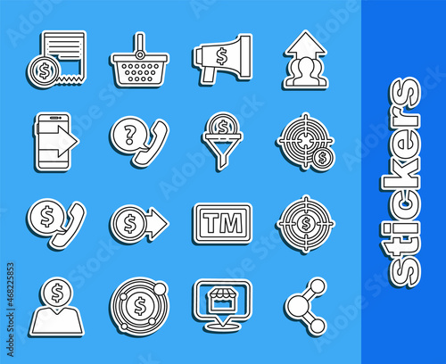 Set line Share, Target with dollar, symbol, Megaphone and, Telephone handset speech bubble chat, Smartphone, mobile, Paper check financial check and Lead management icon. Vector