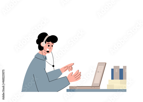 Telemarketer or telesales agent in headset, flat vector illustration isolated.