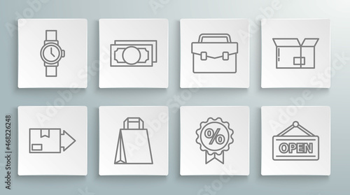Set line Carton cardboard box, Stacks paper money cash, Paper shopping bag, Discount percent tag, Hanging sign with Open, Briefcase, and Wrist watch icon. Vector