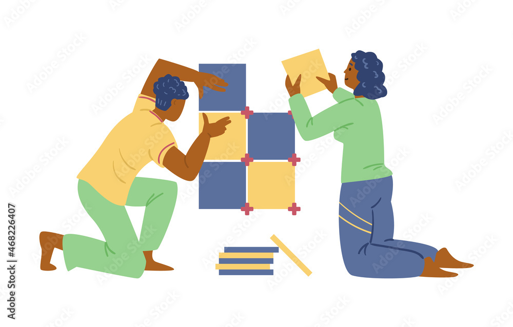 Black couple install ceramic tile at bathroom vector flat illustration. African American family repair house together.