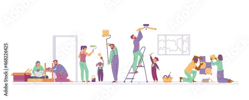 Family members make repairs on their own, flat vector illustration isolated.