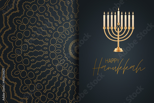 Happy Hanukkah. Traditional Jewish holiday. Chankkah banner, poster or flyer design concept. Judaic religion decor with Menorah, candles. Luxury black backgound with ornament. Vector illustration.