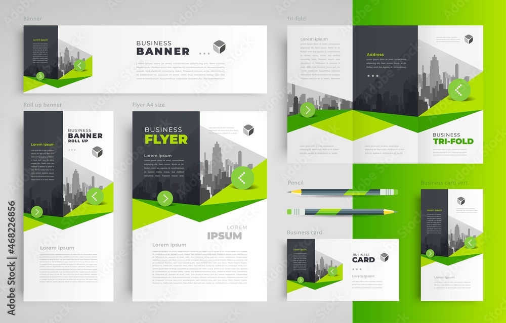 identity Business set green color flyer cover, tri-fold, banner, roll up banner, business card - obrazy, fototapety, plakaty 