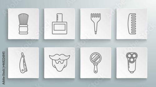 Set line Straight razor, Aftershave, Mustache and beard, Hand mirror, Electric blade for men, Hairbrush, and Shaving icon. Vector