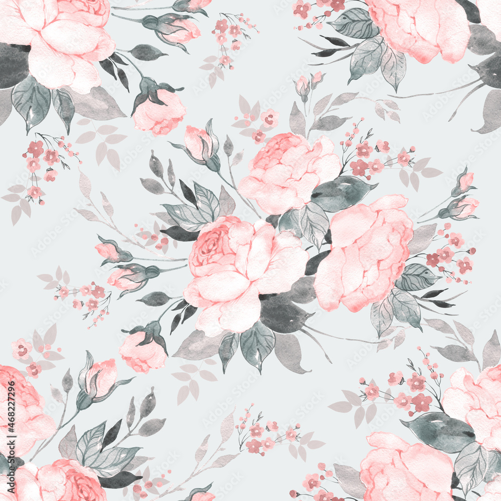 Floral abstract seamless pattern drawn delicate bouquets of roses with herbs. Beautiful print for decoration of textiles and design. Flower background. Art drawing for surface. Tenderness decor.