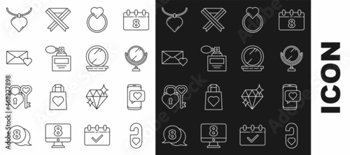 Set line Please do not disturb with heart, Online dating app and chat, Round makeup mirror, Wedding rings, Perfume, Envelope 8 March, Necklace shaped pendant and Makeup powder icon. Vector