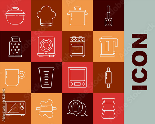 Set line Coffee turk, Rolling pin, Electric kettle, Cooking pot, stove, Grater, and Oven icon. Vector