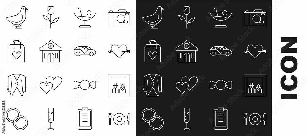 Set line Plate, fork and knife, Family photo, Amour with heart arrow, Cocktail, Church building, Shopping bag, Dove and Limousine car icon. Vector