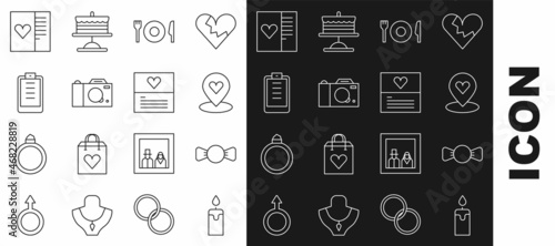Set line Burning candle, Bow tie, Location with heart, Plate, fork knife, Photo camera, Clipboard checklist, Postcard and Greeting icon. Vector
