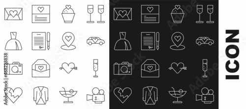 Set line Cinema camera, Glass of champagne, Limousine car, Wedding cake with heart, Marriage contract, Woman dress, Envelope Valentine and Location icon. Vector