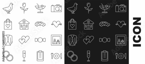Set line Plate, fork and knife, Family photo, Amour with heart arrow, Cocktail, Church building, Shopping bag, Dove and Limousine car icon. Vector