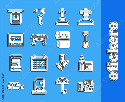 Set line Death certificate in hand, Church building, Shovel, Grave with cross, Dead body the morgue, Beat dead monitor, Signboard tombstone and Crematorium icon. Vector