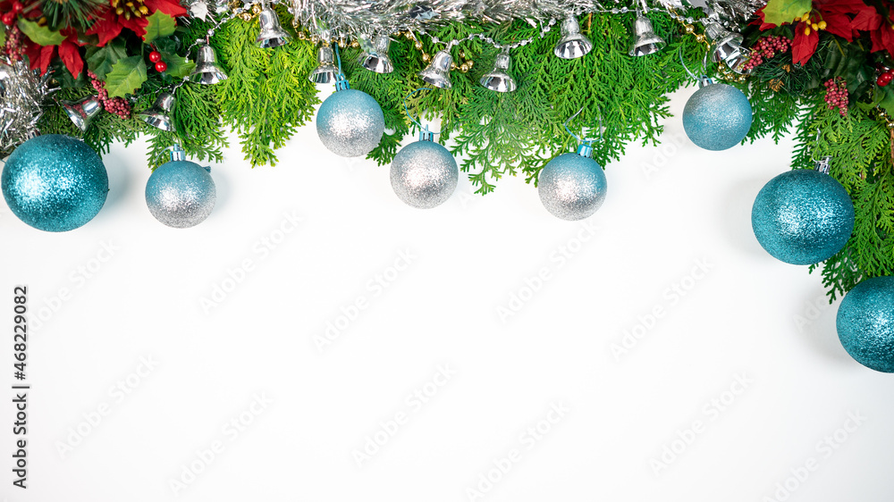 Frame of pine branch and Christmas balls on white background. Xmas decoration Frame of pine branch and Christmas balls on white background. Xmas decoration
