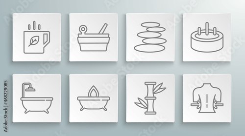 Set line Bathtub, Sauna bucket and ladle, Aroma candle, Bamboo, Massage, Stack hot stones, Swimming pool with ladder and Cup of tea leaf icon. Vector