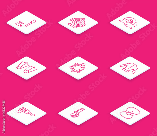 Set line Snorkel, Aqualung, Scallop sea shell, Rubber flippers, Turtle, Wetsuit, Fishing harpoon and Knife icon. Vector