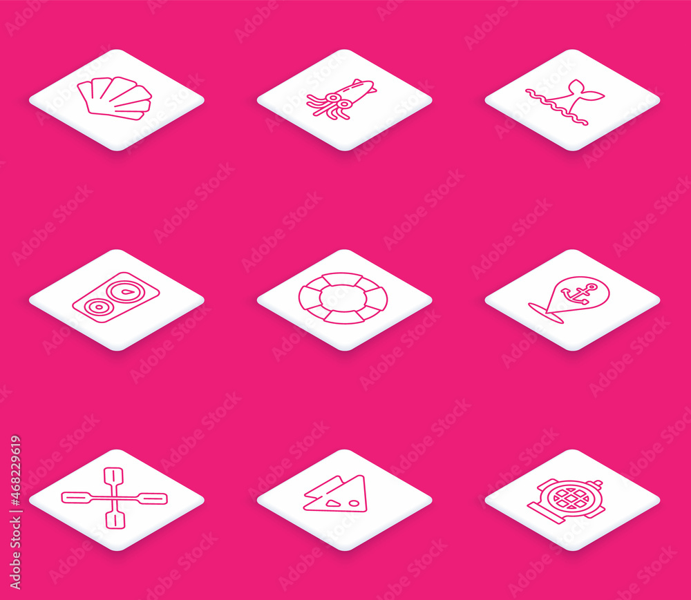 Set line Scallop sea shell, Octopus, Whale tail in ocean wave, Gauge scale, Lifebuoy, Location with anchor, Paddle and Fish icon. Vector Set line Scallop sea shell, Octopus, Whale tail in ocean wave, Gauge scale, Lifebuoy, Location with anchor, Paddle and Fish icon. Vector