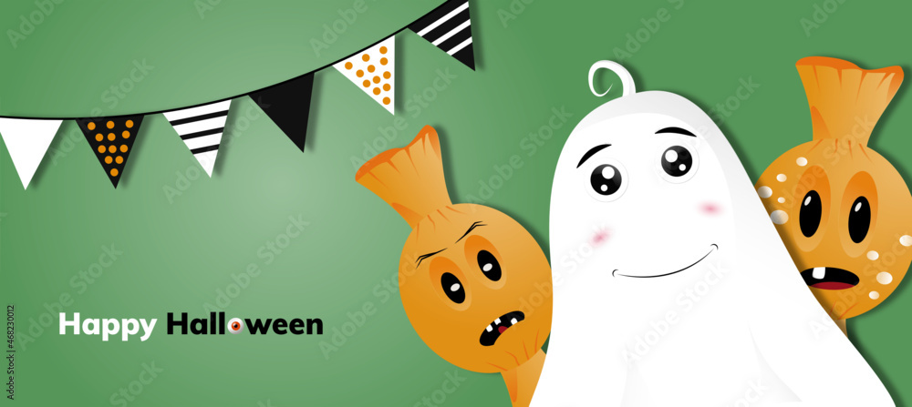 Fototapeta premium Happy Halloween banner, background template with funny characters, cat, ghost and candy. Vector illustration web banner.