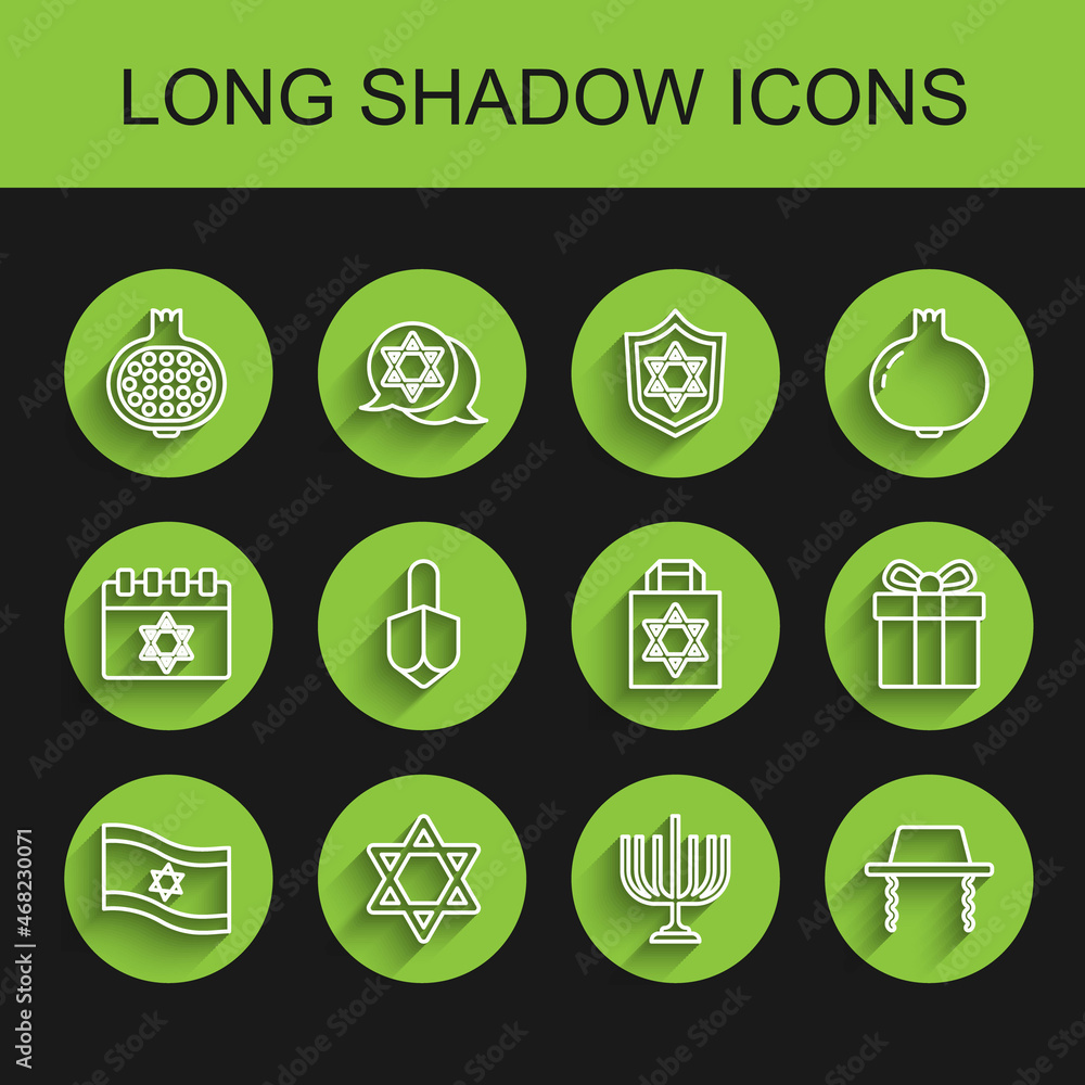 Set line Flag of Israel, Star David, Pomegranate, Hanukkah menorah, Orthodox jewish hat, dreidel, Gift box and Shopping bag with star david icon. Vector Set line Flag of Israel, Star David, Pomegranate, Hanukkah menorah, Orthodox jewish hat, dreidel, Gift box and Shopping bag with star david icon. Vector