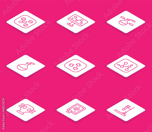 Set line Medicine pill or tablet, Chemical formula, Test tube and flask, Plant breeding, Bacteria, Gas mask and Certificate template icon. Vector
