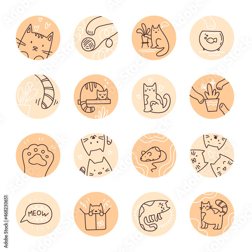 Cat stories highlight covers. Instagram stories round icon set.