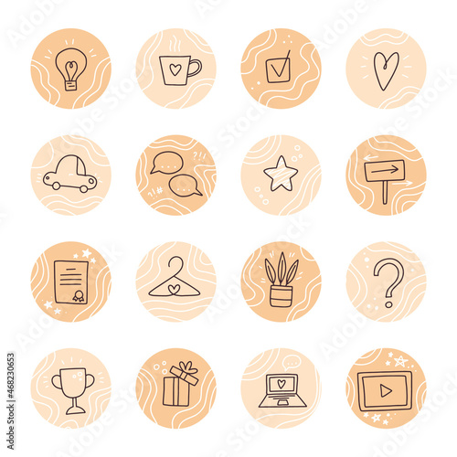 Set of stories highlight covers for Instagram.  Questions, video, answers, gift, love, star, favourite, round icons.